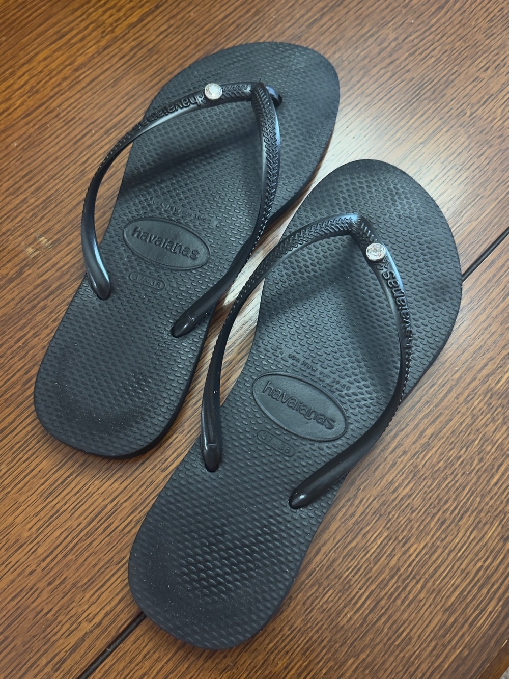 Havaianas Black Flip Flop Sandals with Gem Accents
